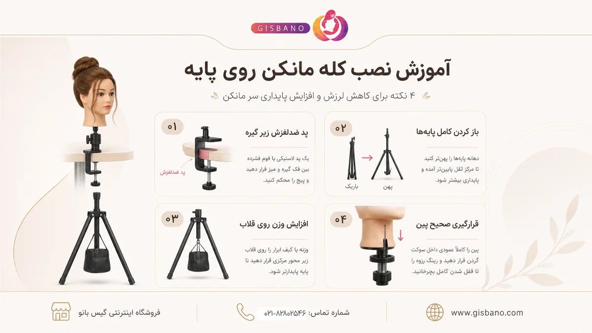 آموزش نصب کله مانکن روی پایه و مهار لرزش سر هنگام پوش‌دهی